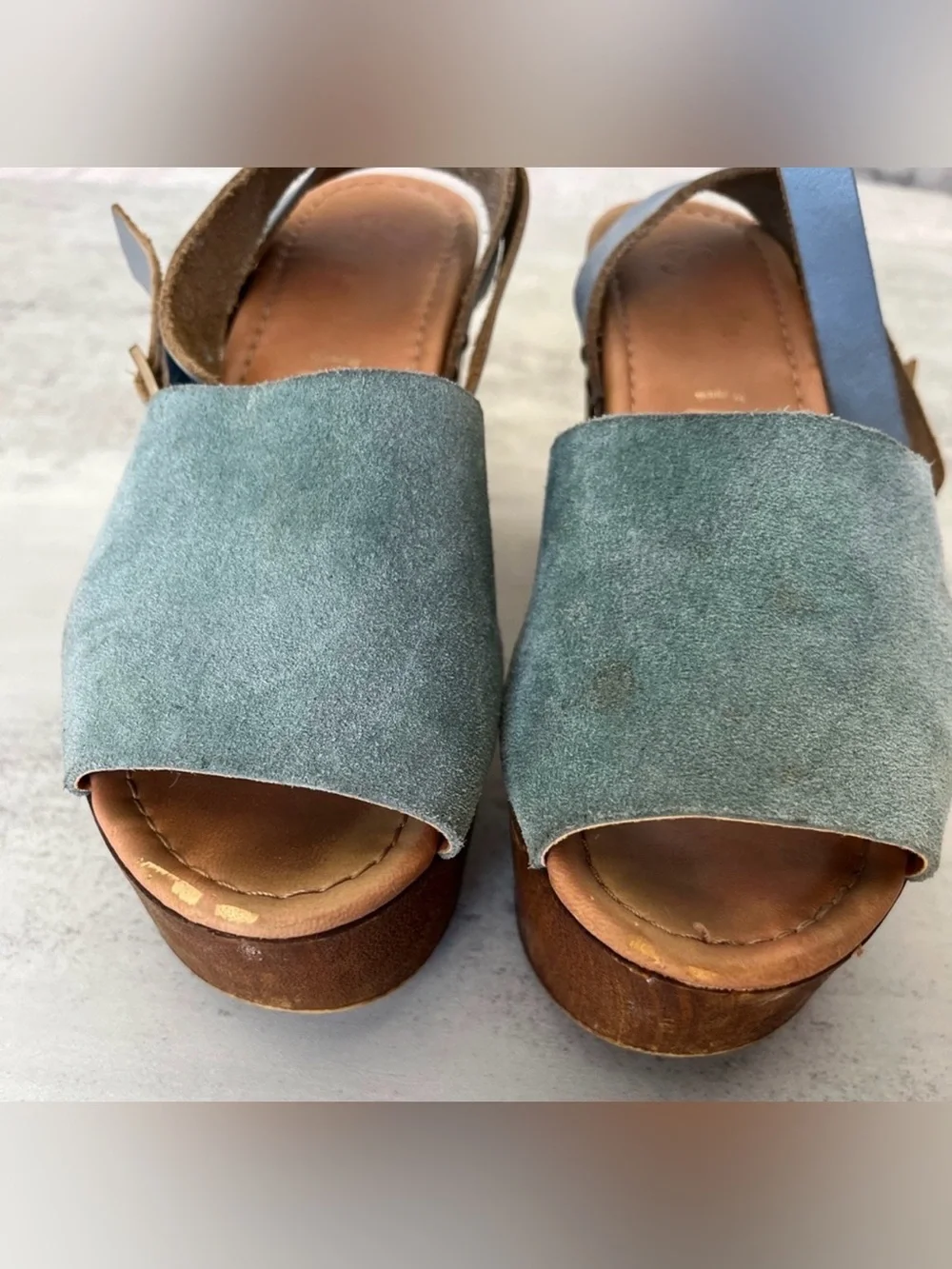 Seychelles Forward Seafoam Suede Wood Platform Wedge Sandals Size 6
